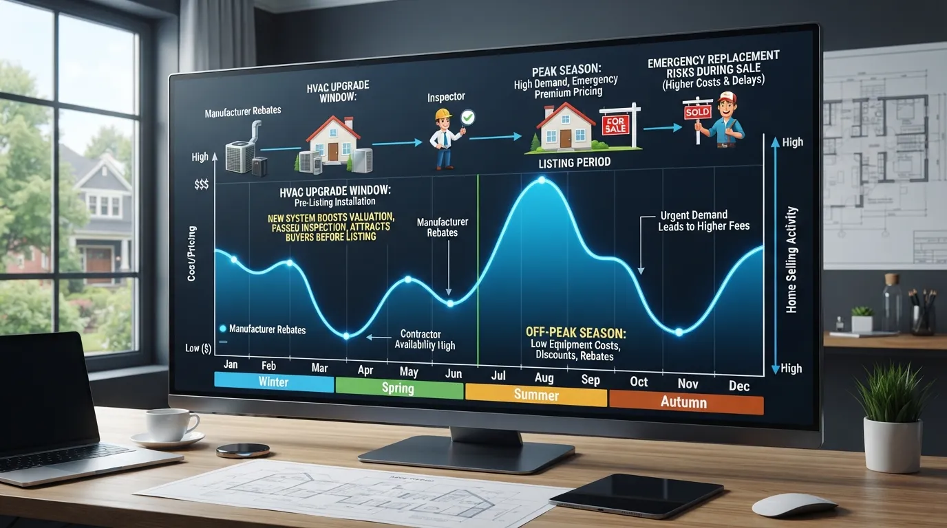 Infographic chart illustrating the best months to buy a new HVAC system for maximum cost savings alongside a home selling timeline.
