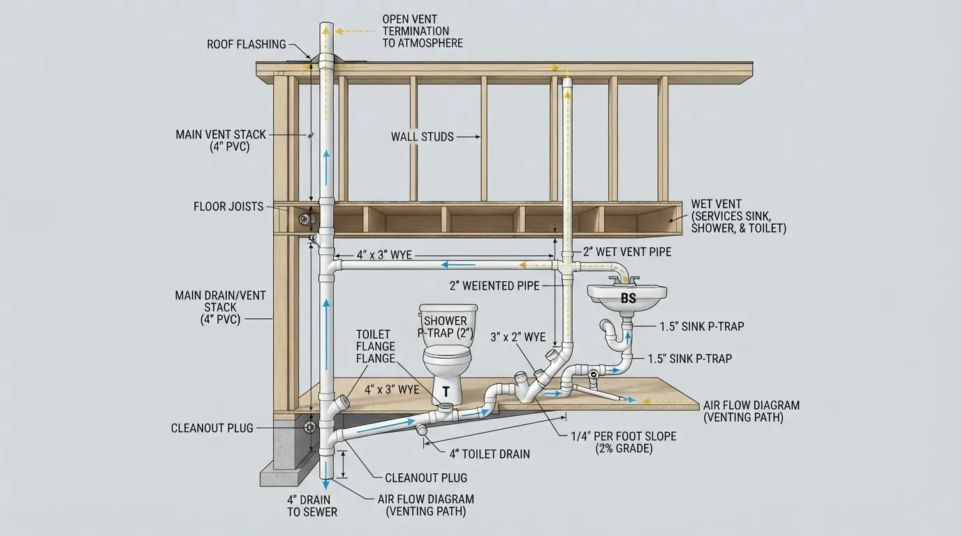 Plumbing diagram illustrating how multiple bathroom fixtures like a sink, shower, and toilet safely connect to a single main drain line.