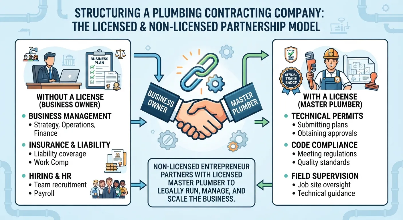 Infographic showing legal requirements and steps to start a plumbing business without being a licensed plumber by hiring licensed master plumbers.