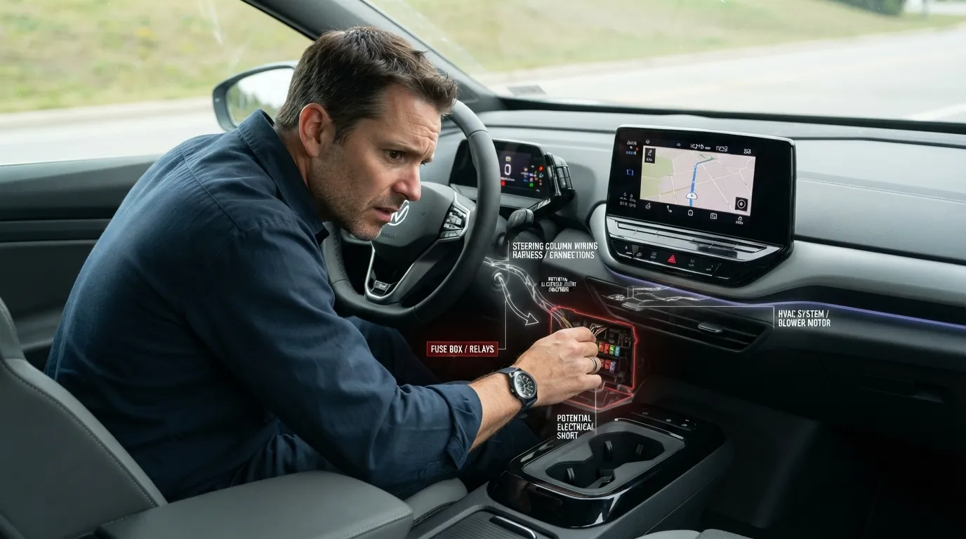 Close-up of a concerned driver inside a car cabin smelling an acrid burning odor near the dashboard and steering wheel, indicating an electrical short circuit.