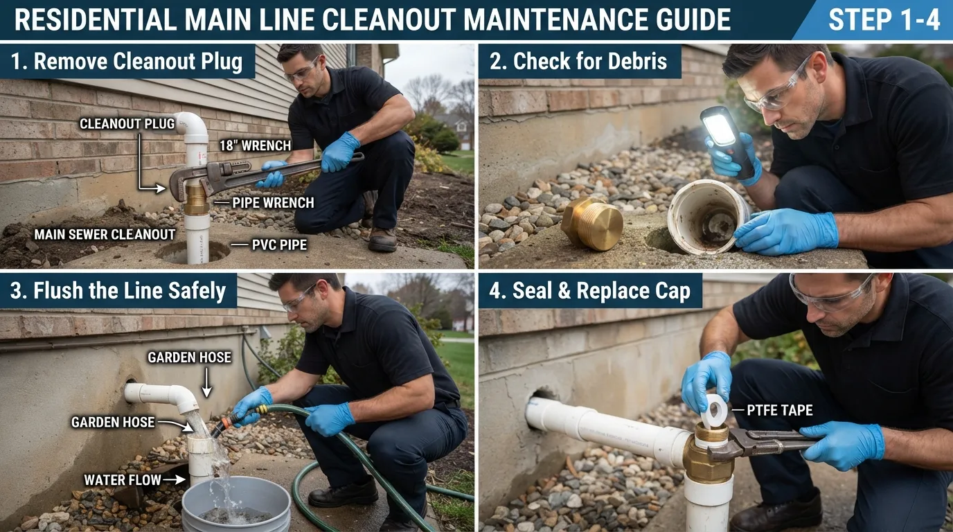 A plumber or homeowner performing routine cleanout maintenance on a main drain pipe to prevent clogs and odors.