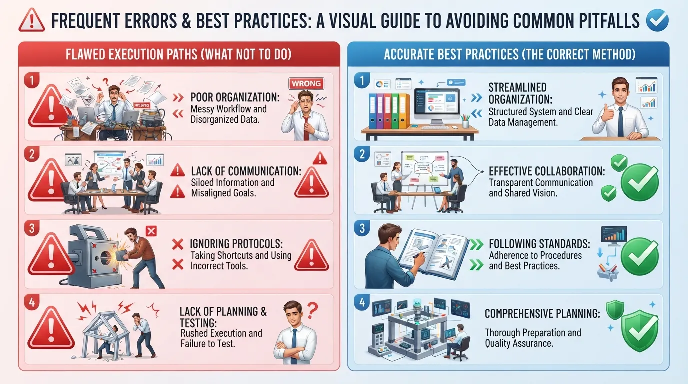 A checklist illustrating common mistakes and pitfalls to avoid during implementation, highlighting incorrect versus correct approaches.