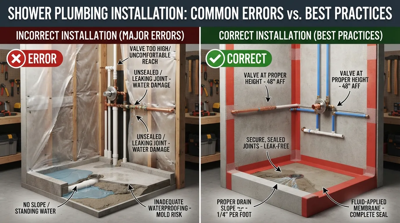 Cross-section diagram highlighting common shower plumbing mistakes such as incorrect pipe sizing and poor waterproofing, alongside proper installation methods to prevent leaks.