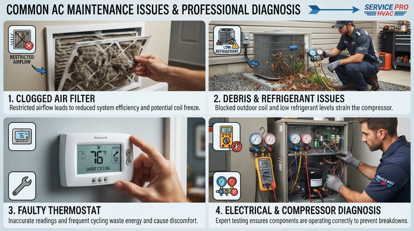 A technician troubleshooting a residential outdoor AC unit with diagnostic tools, representing common summer HVAC problems and repair solutions.
