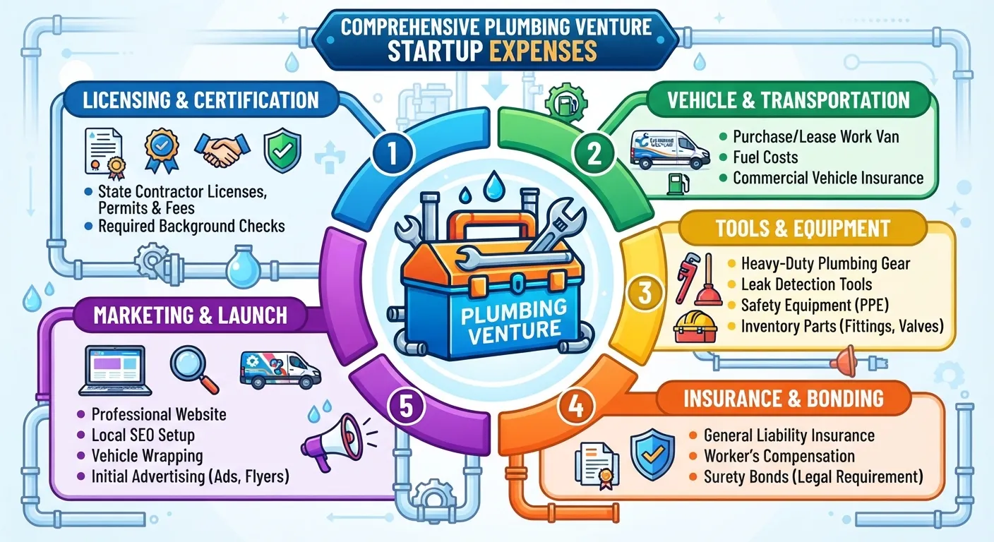 Infographic illustrating the key cost factors of starting a plumbing business, including licensing, commercial vehicle purchase, professional tools, insurance, and marketing expenses.