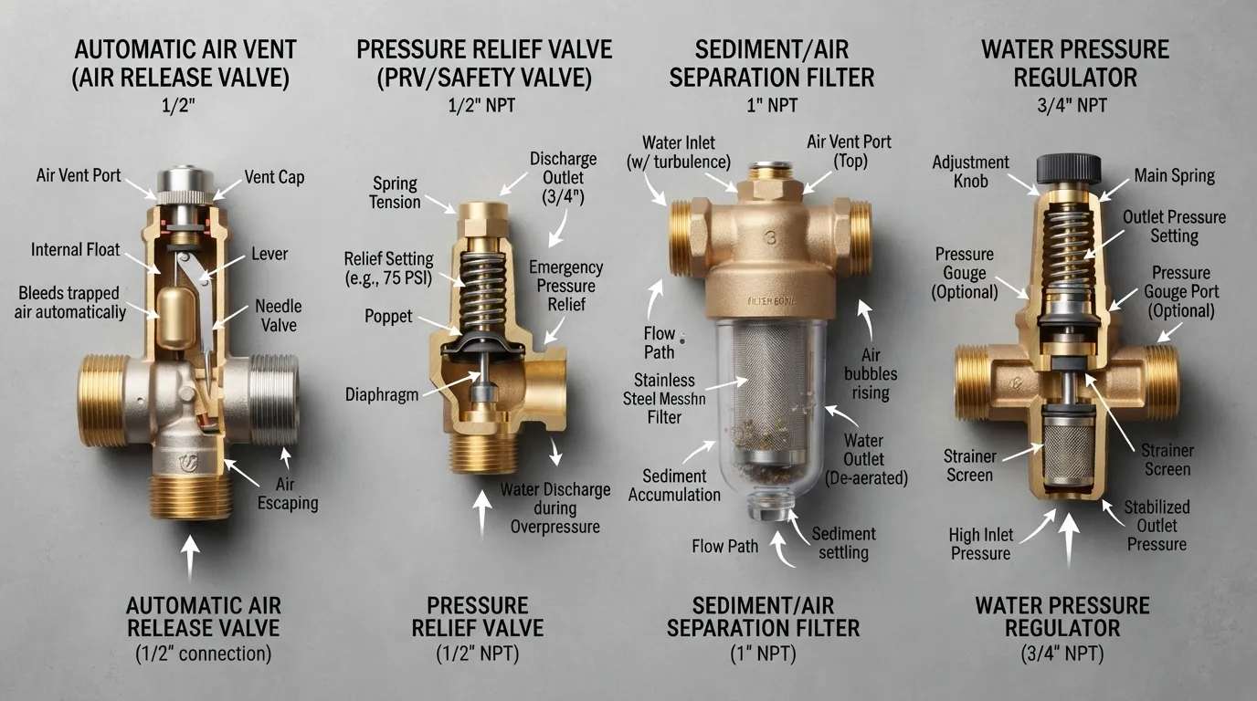 Plumbing tools and devices used to remove and prevent air in water lines, including an air release valve, sediment filter, and pressure relief valve.