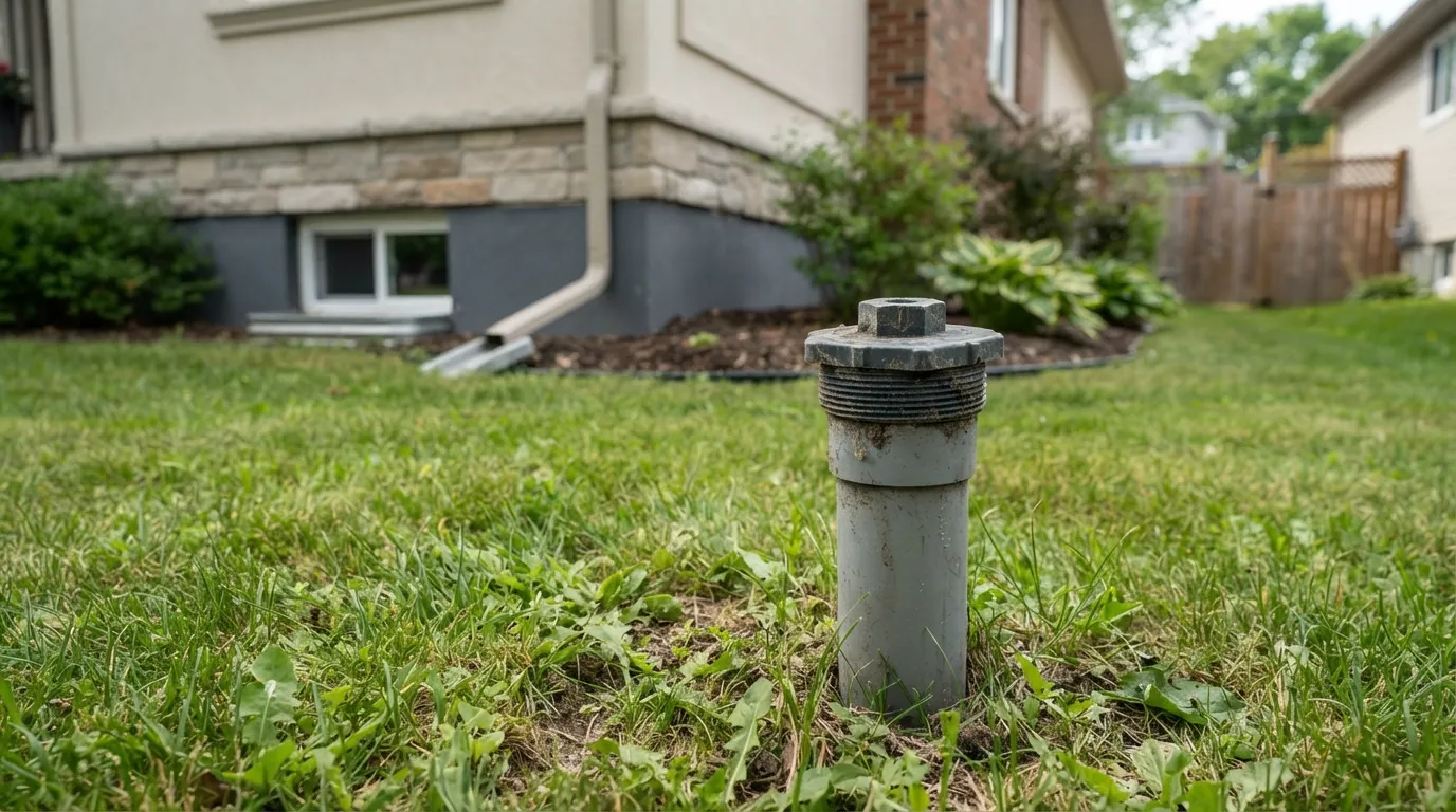 A close-up view of a standard round plastic sewer cleanout access pipe cap installed in a residential backyard lawn, illustrating where plumbing systems connect to municipal lines.