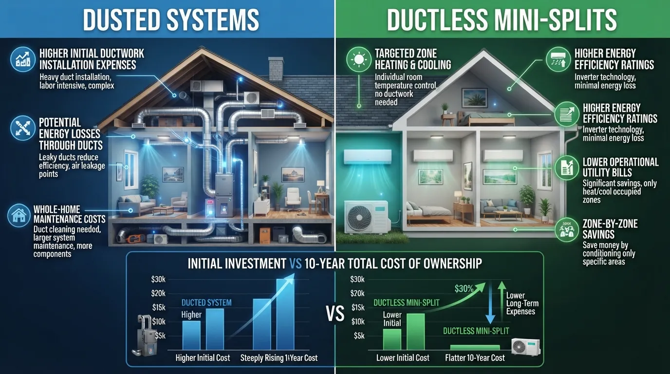 Infographic comparing long-term costs, energy efficiency, and installation expenses between ducted systems and ductless mini-splits.