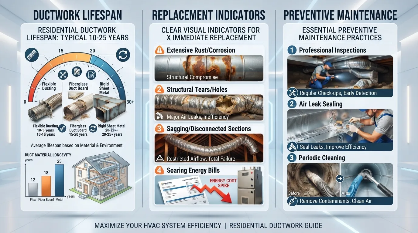 Infographic outlining HVAC ductwork lifespan, common replacement warning signs, and routine maintenance tips.