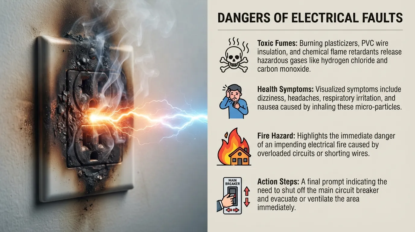 A close-up of a smoking electrical outlet with warning icons, illustrating the toxic risks and health hazards of an electrical burning smell.