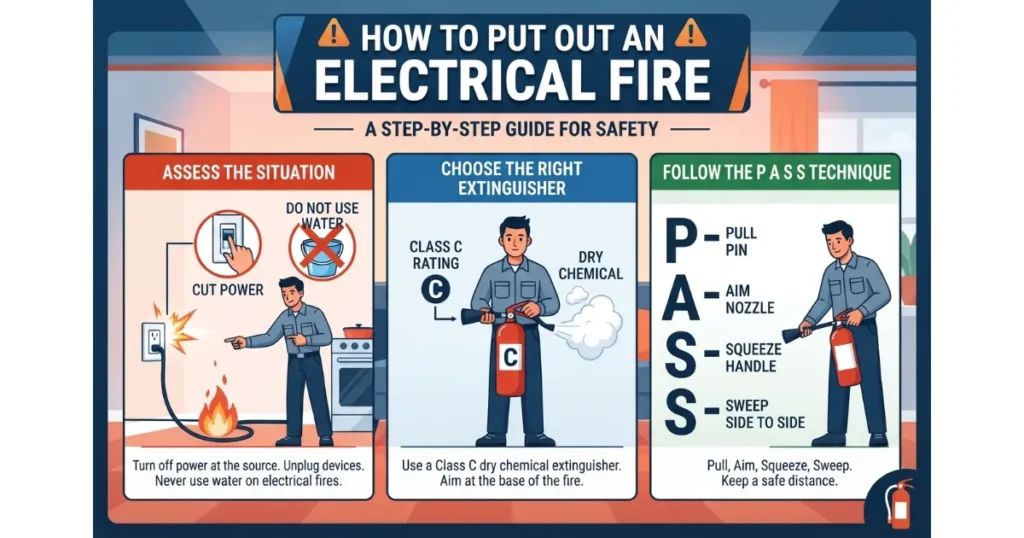 An illustrated infographic guide titled 'How to Put Out an Electrical Fire: A Step-by-Step Guide for Safety,' detailing three sections: Assess the Situation (cut power, do not use water), Choose the Right Extinguisher (Class C rating), and Follow the PASS Technique (Pull, Aim, Squeeze, Sweep).