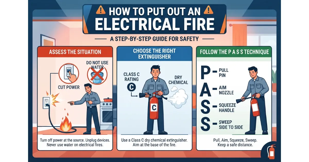 An illustrated infographic guide titled 'How to Put Out an Electrical Fire: A Step-by-Step Guide for Safety,' detailing three sections: Assess the Situation (cut power, do not use water), Choose the Right Extinguisher (Class C rating), and Follow the PASS Technique (Pull, Aim, Squeeze, Sweep).