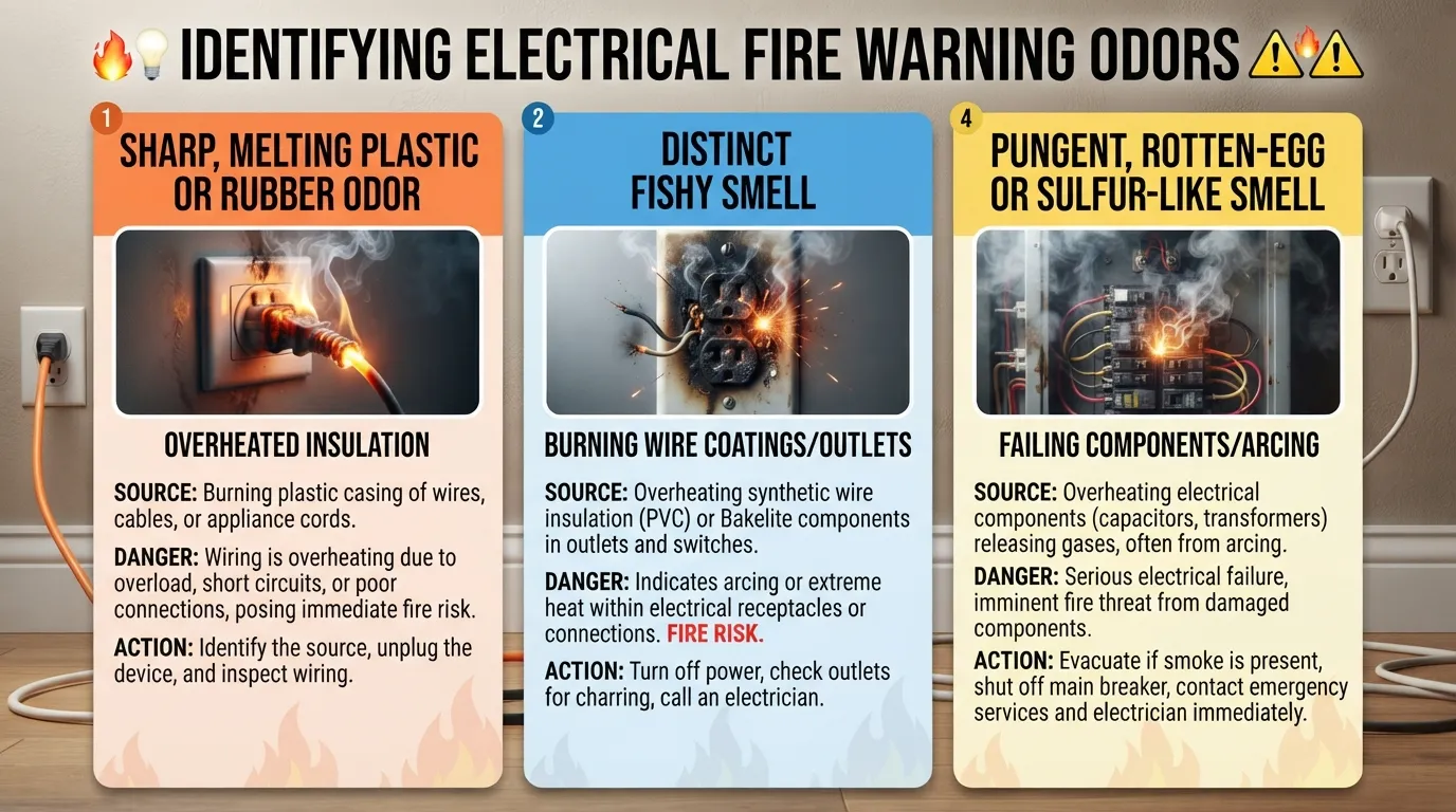 Infographic illustrating the different smells of an electrical fire, including fishy, burning plastic, and sulfur odors.