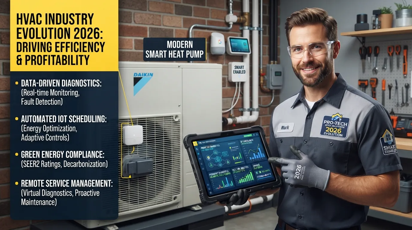 Technician using a tablet to monitor smart HVAC system analytics and IoT diagnostics in a modern home.