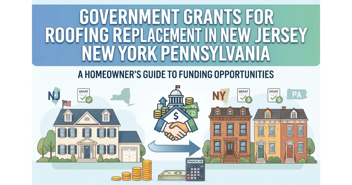 Infographic illustrating government grants for roof replacement in New Jersey, New York, and Pennsylvania, showing a house, city hall, money bags, and a grant certificate.