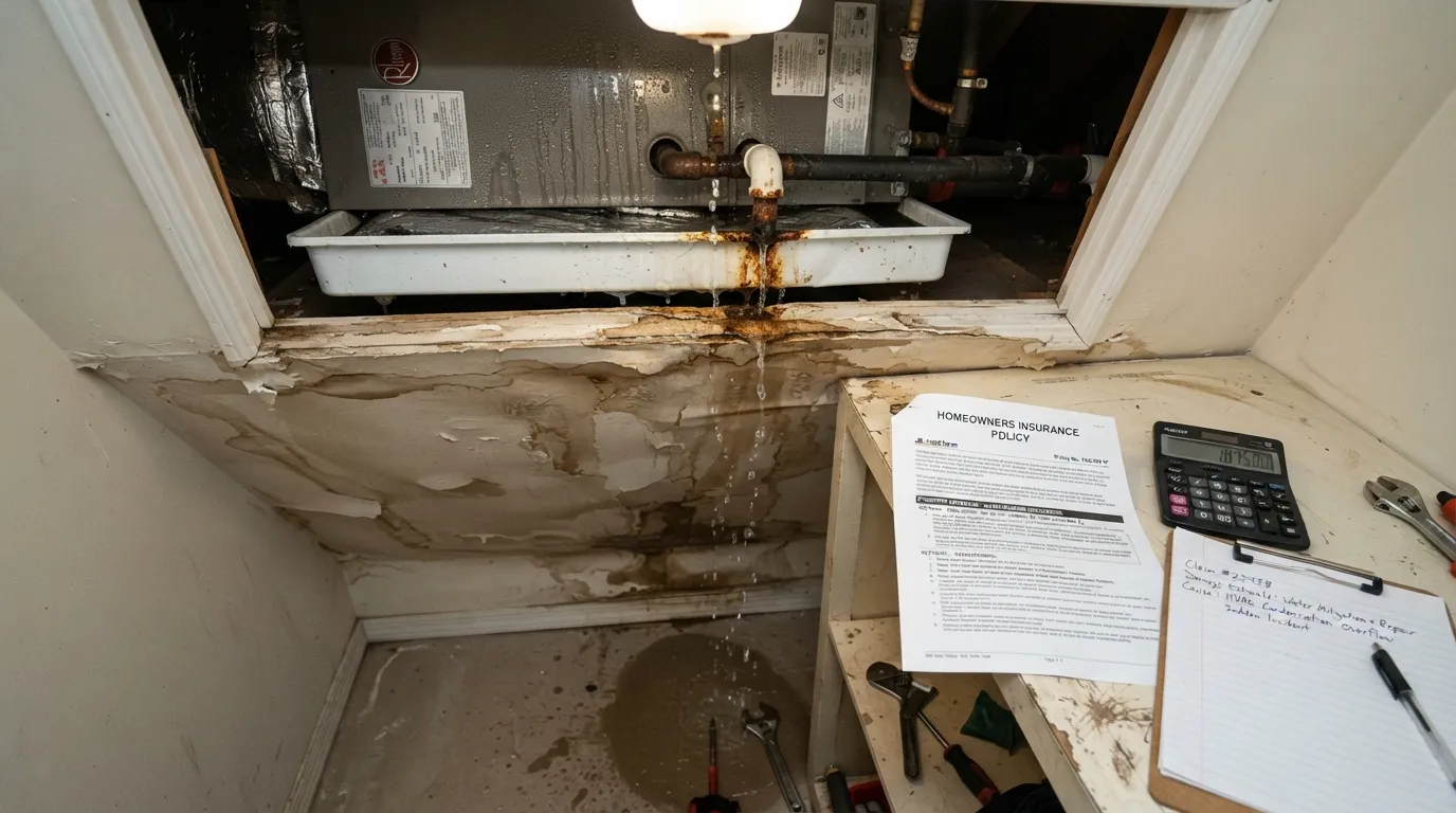 A real photo of a home insurance policy document placed next to a leaking residential HVAC air conditioning unit with water pooled on the floor, illustrating property damage claims.