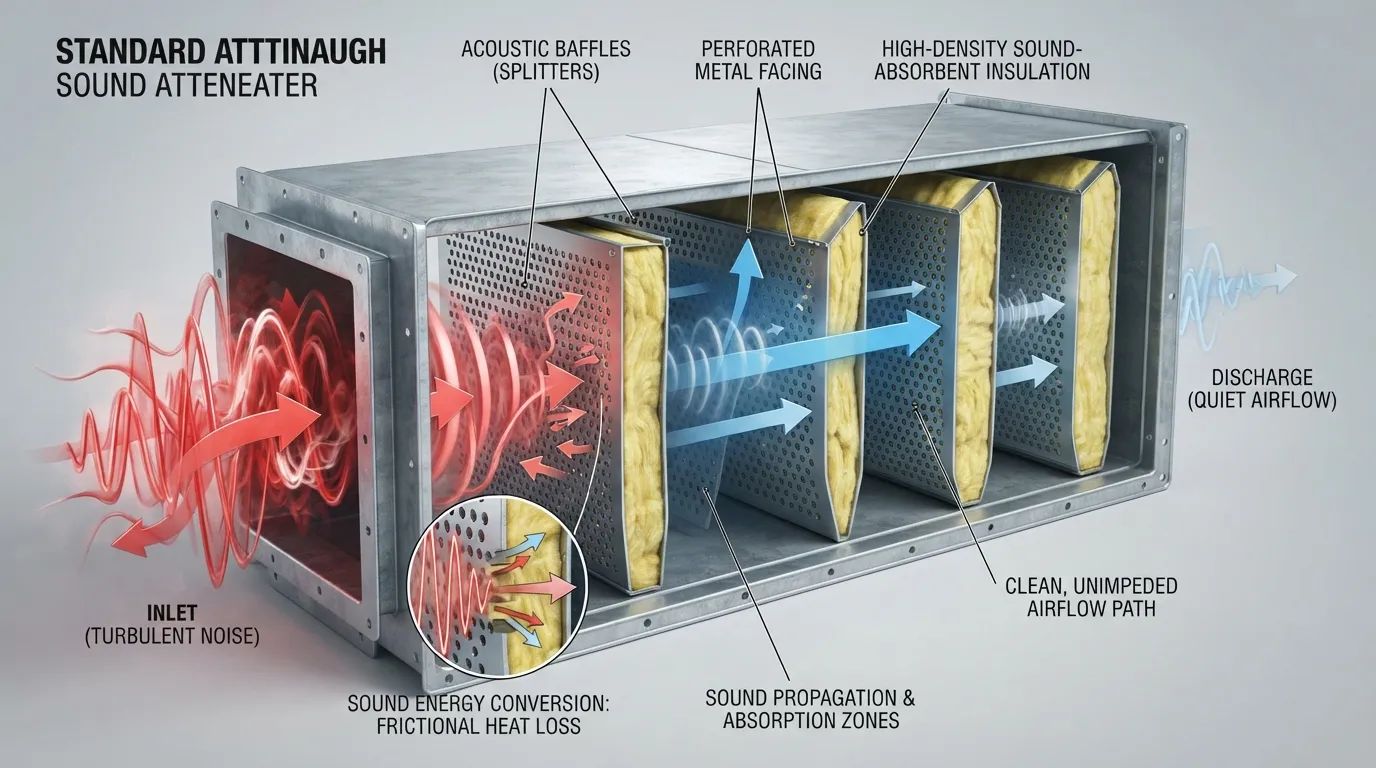 Cross-section diagram illustrating how a sound attenuator uses acoustic baffles and sound-absorbing insulation to reduce HVAC duct noise.