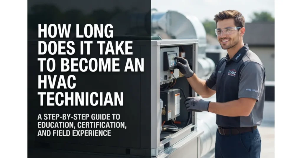 Infographic timeline showing the step-by-step path to becoming an HVAC technician, ranging from 6-month certificate programs to 2-year associate degrees and 4-year apprenticeships.