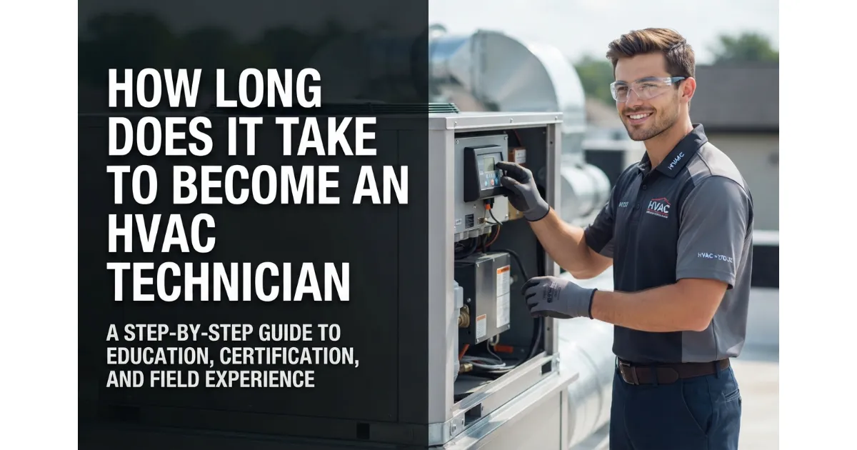 Infographic timeline showing the step-by-step path to becoming an HVAC technician, ranging from 6-month certificate programs to 2-year associate degrees and 4-year apprenticeships.