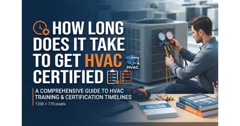 Professional HVAC technician checking a condenser unit with training manuals showing the timeline to get HVAC certified