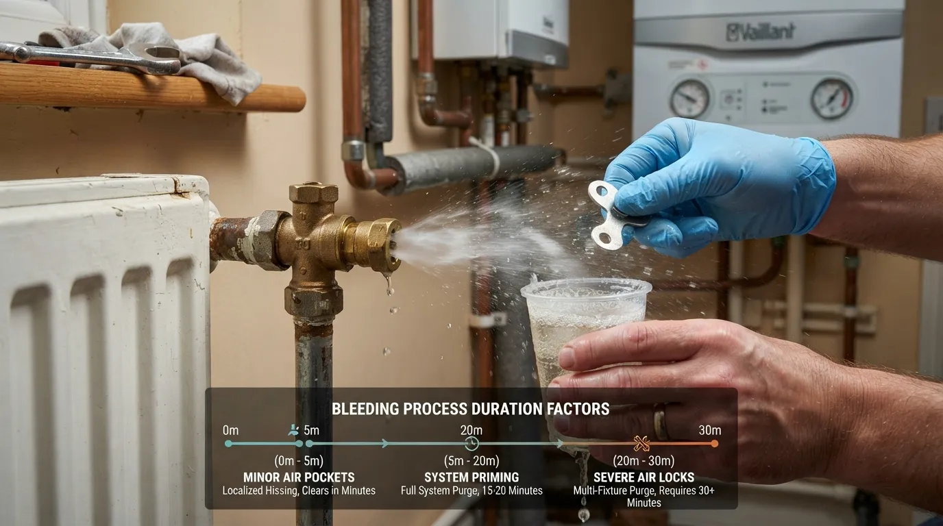Close-up of a homeowner using a bleed key to release trapped air from a home heating pipe valve into a small cloth.