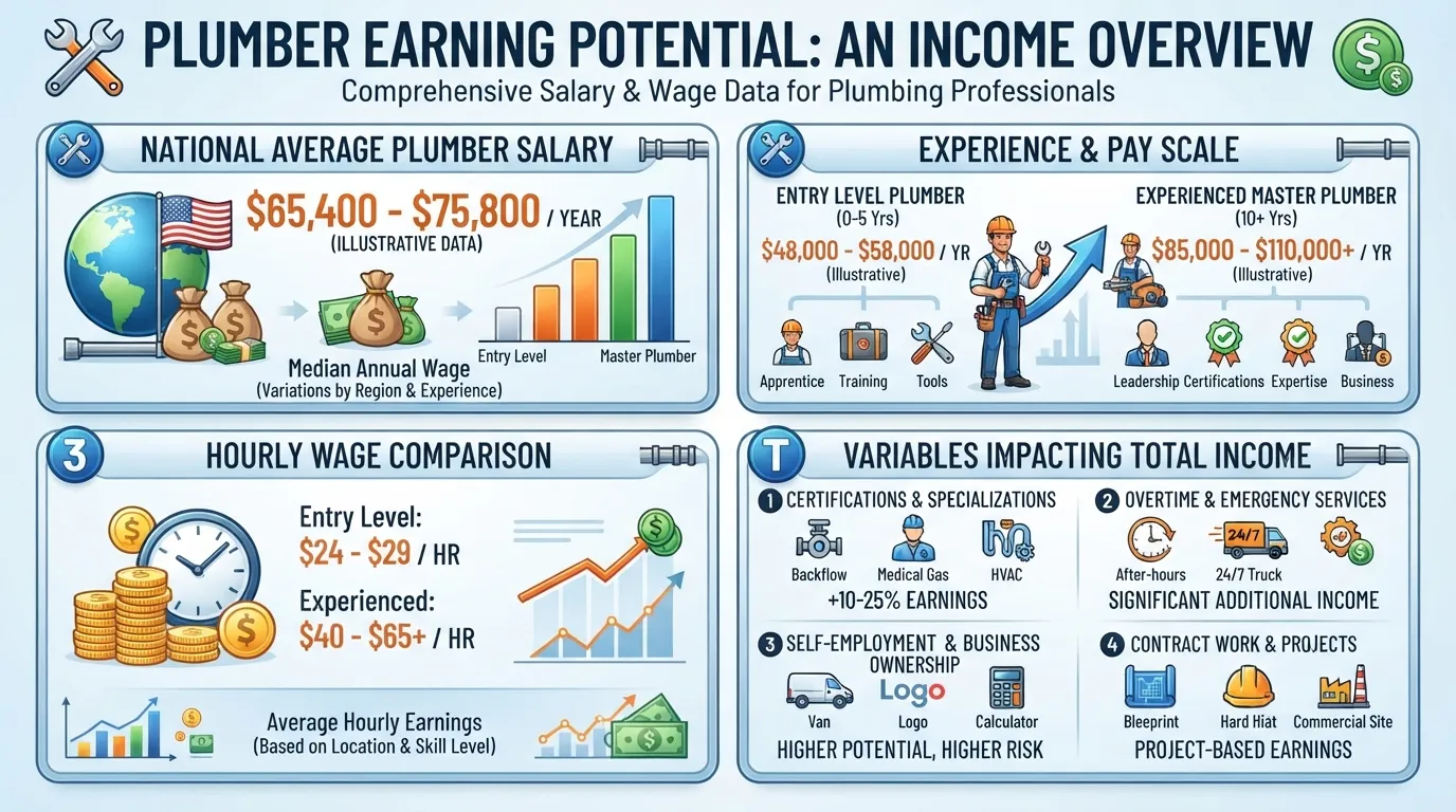 Infographic chart illustrating average plumber earnings, showing salary breakdowns by experience level and hourly pay rates.