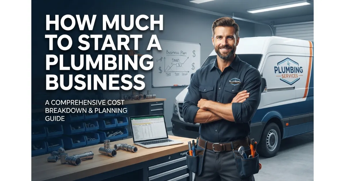 A professional plumber with a toolbox stands next to a service van and a workbench with a laptop and plumbing parts, representing a plumbing business startup.