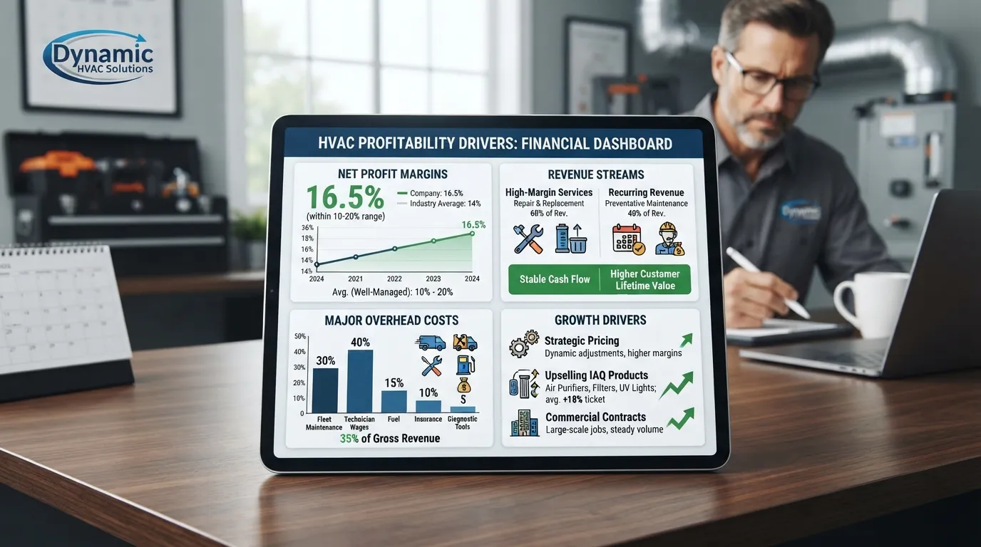 A close-up photograph of an HVAC technician reviewing financial profit margins, net revenue charts, and operational cost breakdowns on a tablet in a service van.