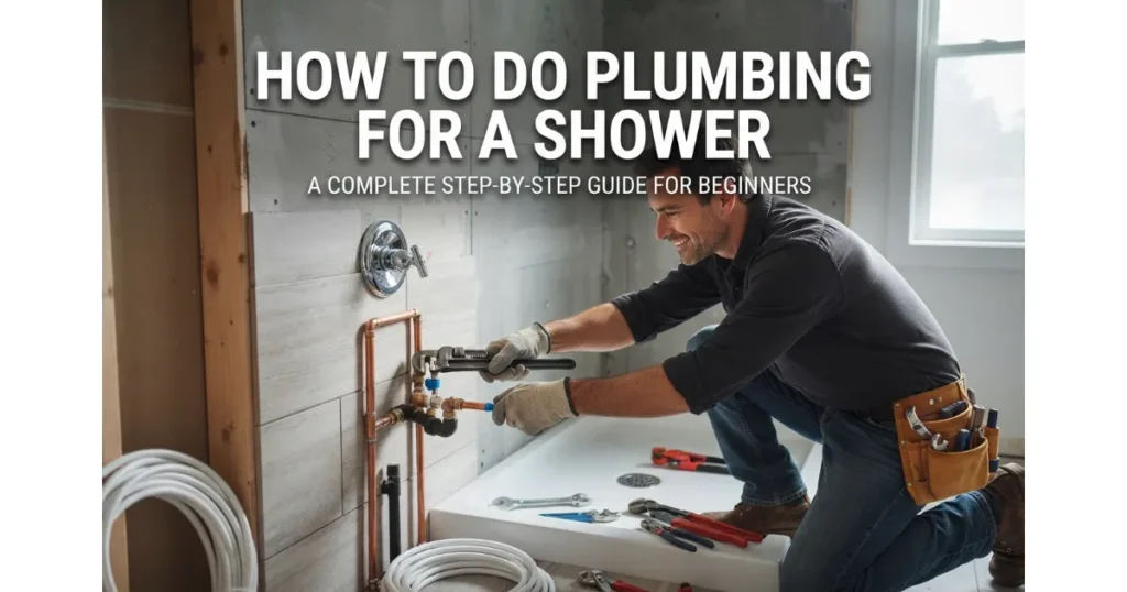 Professional plumber installing copper pipes and fittings for a new shower system in a bathroom