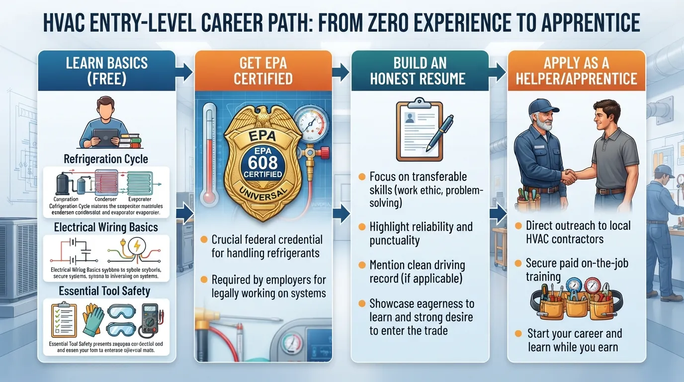 Infographic roadmap outlining steps to start an HVAC career with no experience, moving from learning basic fundamentals and earning an EPA 608 certification to applying for local helper or apprentice jobs.