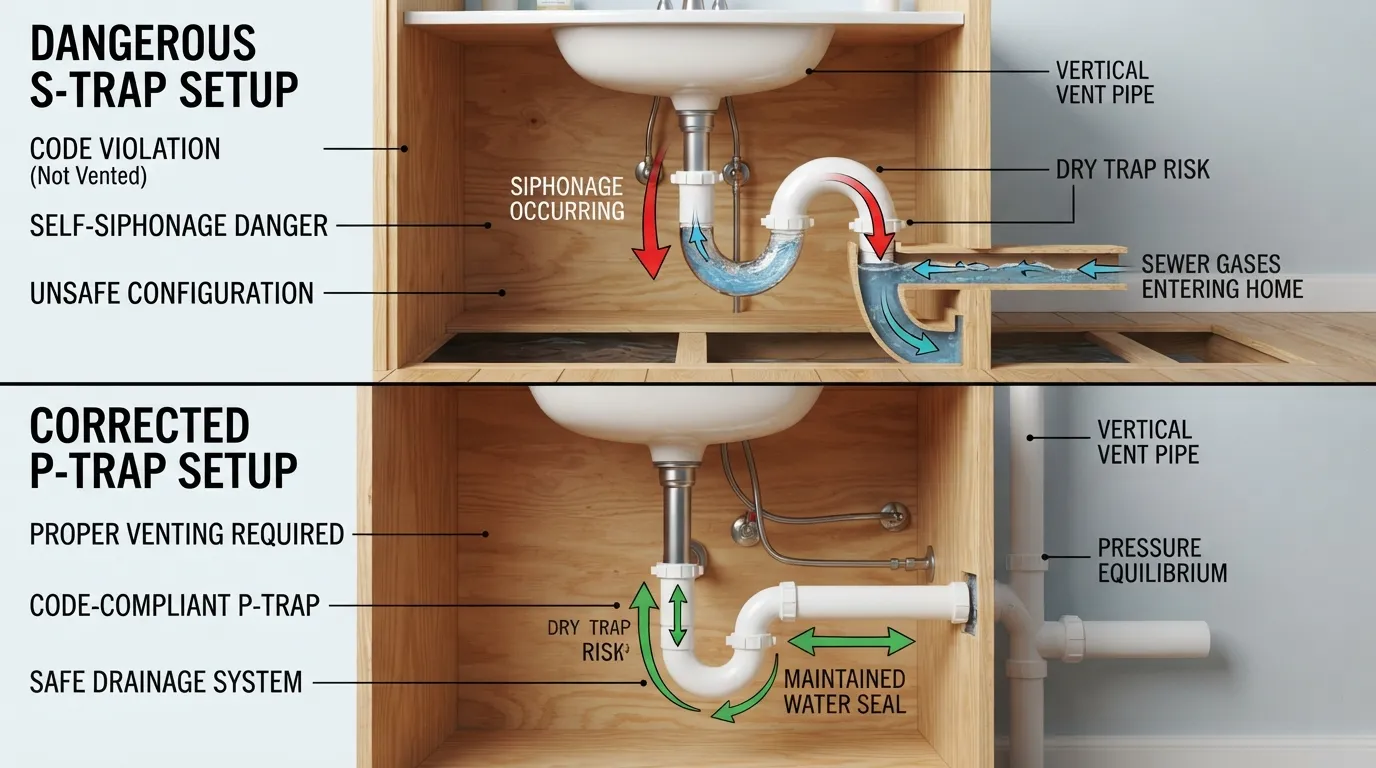 A detailed plumbing diagram comparing an illegal S-trap under a sink with a compliant P-trap, highlighting the missing vent and siphon effect.