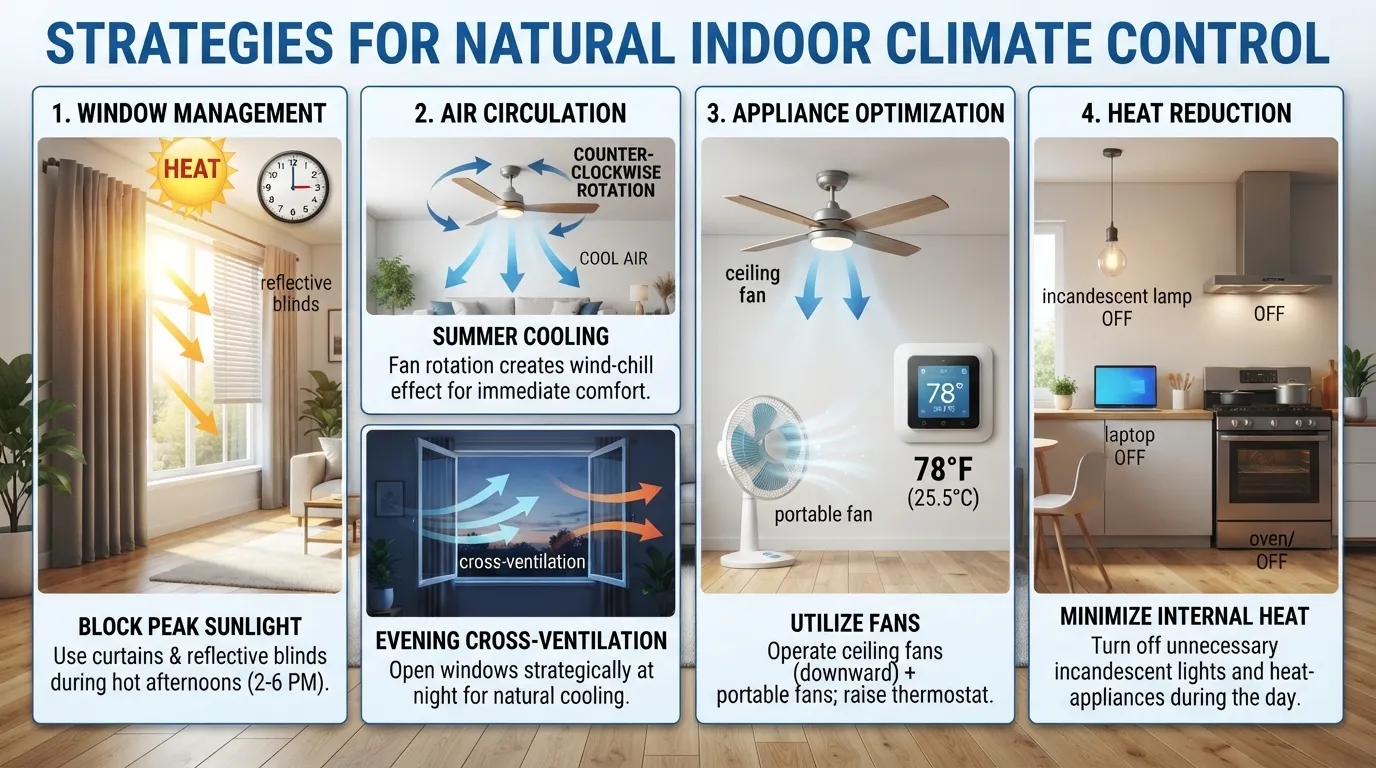 Infographic illustrating energy-efficient ways to keep a home cool without overworking the air conditioner, showing ceiling fans, closed blinds, and smart thermostat settings.
