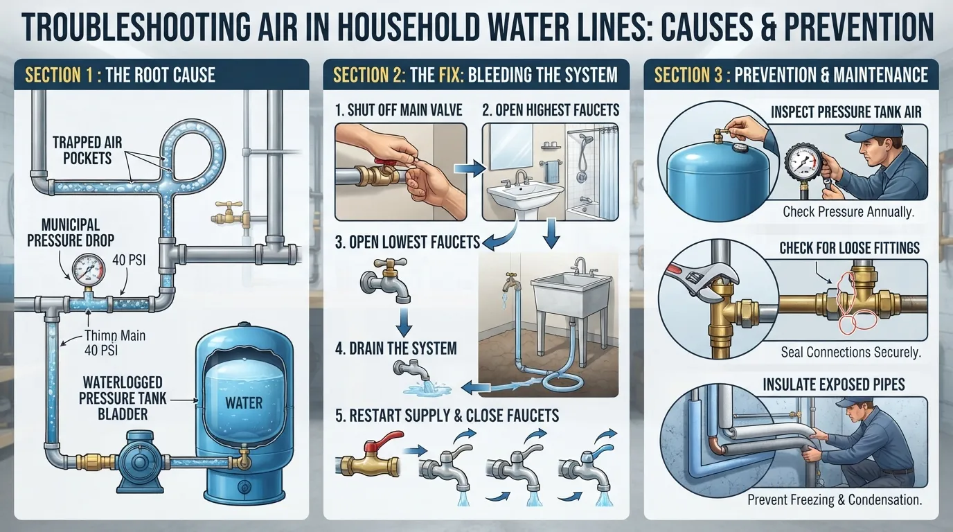 Plumbing diagram and technician demonstrating steps to prevent air pockets and trapped air in residential water supply lines.