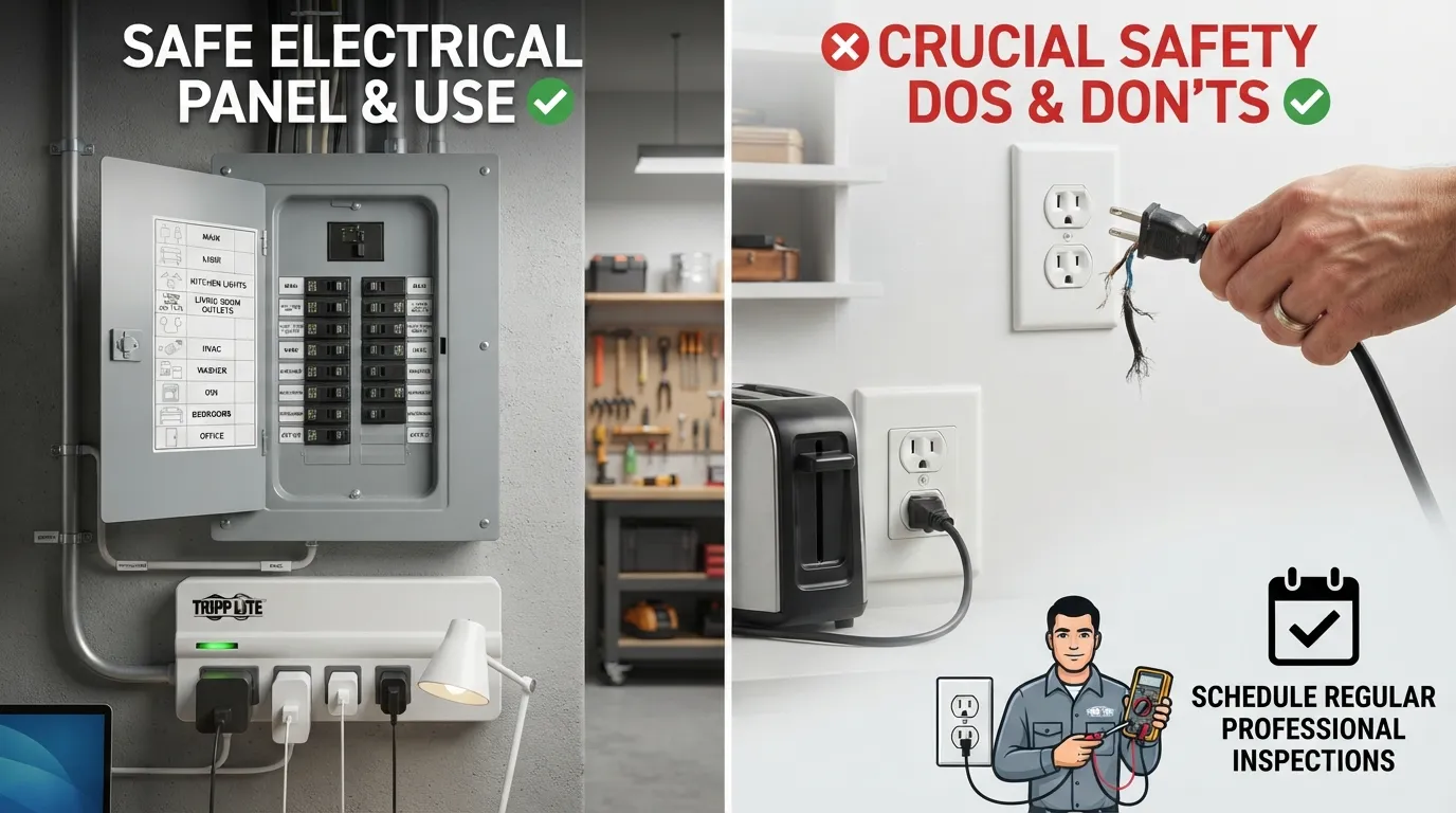 A homeowner inspecting a circuit breaker panel and safely unplugging appliances to prevent electrical fires in a modern home.
