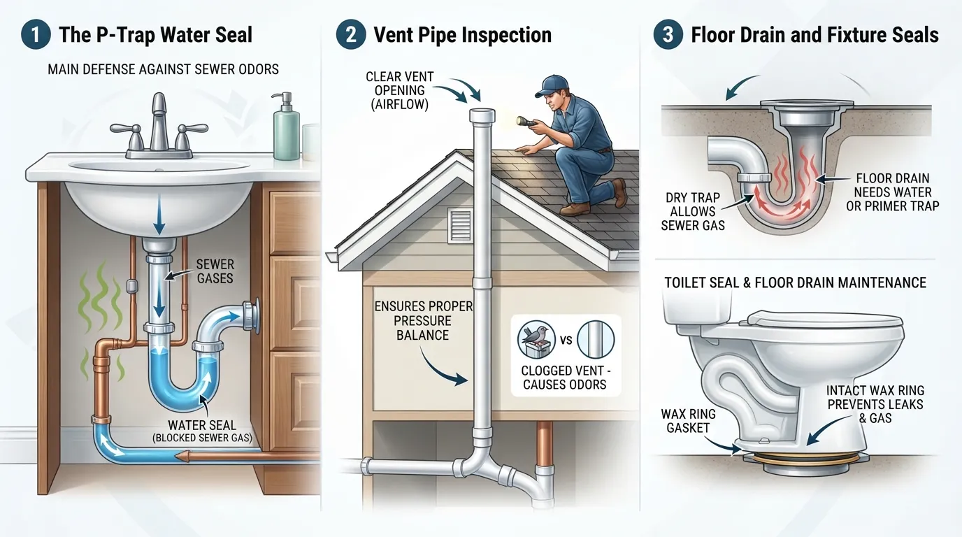 A detailed plumbing diagram and checklist showing how to prevent sewage smells from returning by checking P-traps, vent pipes, and wax rings.