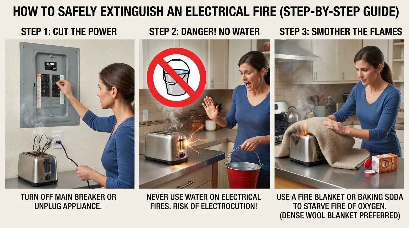 Step-by-step visual guide demonstrating how to turn off a power source and smother a small electrical fire using a heavy blanket and baking soda.