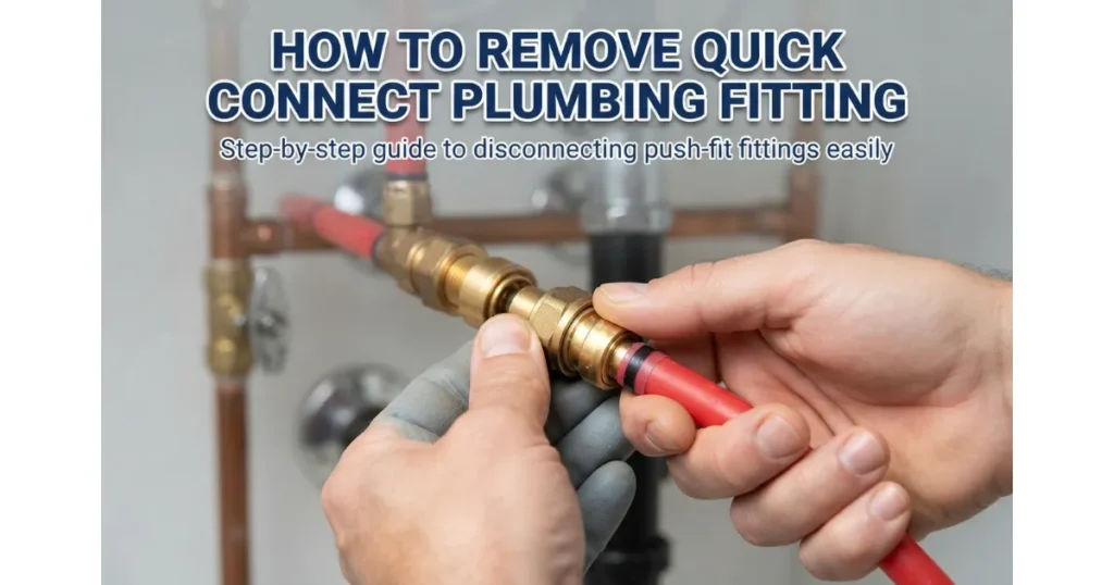 Step-by-step guide showing hands disconnecting a quick connect plumbing fitting and push-fit pipe