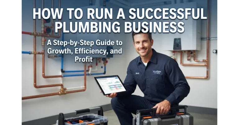Professional smiling plumber kneeling in a utility room with a tablet and toolboxes, representing a successful plumbing business.