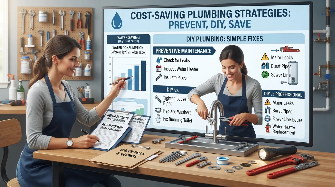A homeowner reviewing a plumbing repair bill and a budget planner at a kitchen table, symbolizing ways to reduce plumbing costs.