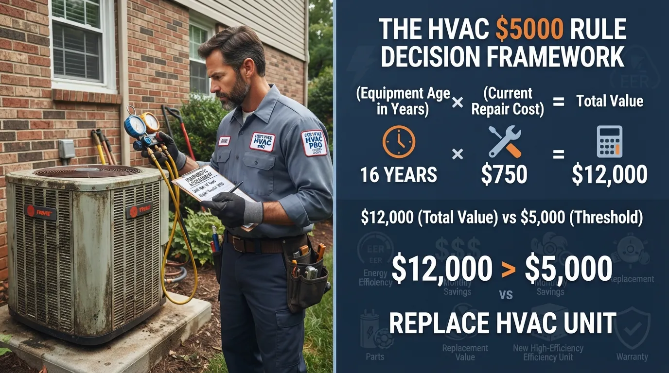 A comparison chart and a technician inspecting a home HVAC unit to help homeowners decide whether to repair or replace their heating and cooling system using the 5000 rule.