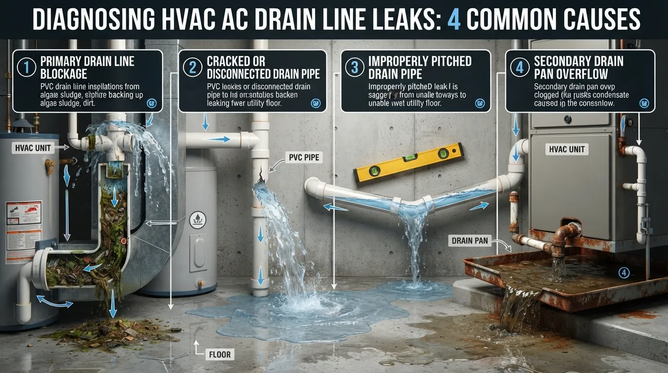 Cross-section diagram illustrating common causes of an HVAC AC drain line leak, including a clogged condensate drain pipe, algae buildup in the PVC trap, a disconnected drain line, and a rusted overflow drain pan.