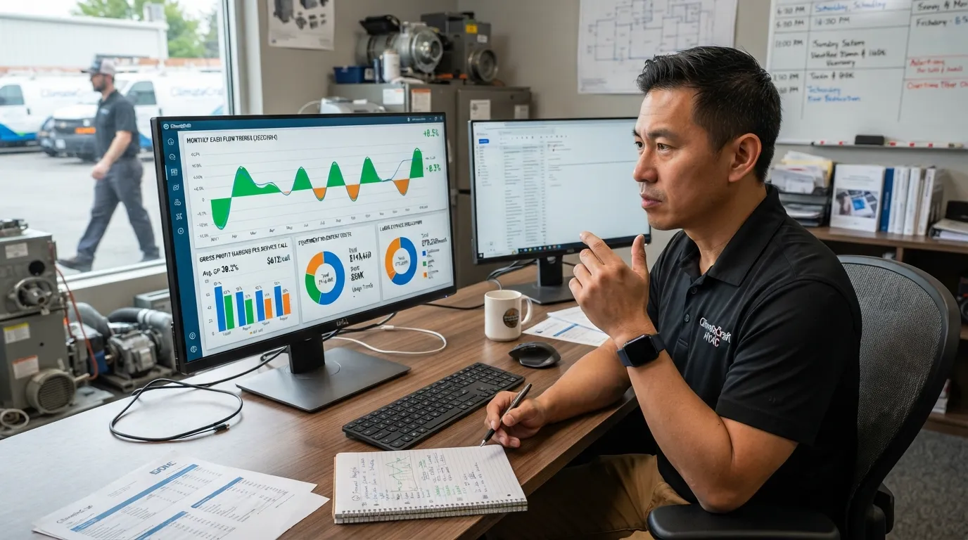 A business owner reviewing an HVAC financial management dashboard displaying cash flow, profit margins, and operating expenses on a laptop.