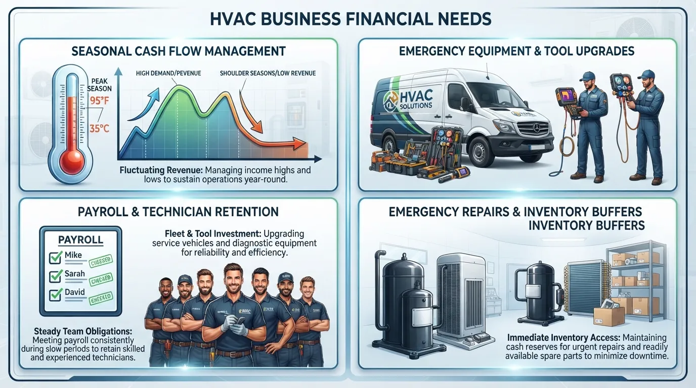 Infographic illustrating the top reasons HVAC companies need working capital, featuring icons for seasonal cash flow, equipment upgrades, and emergency repairs.