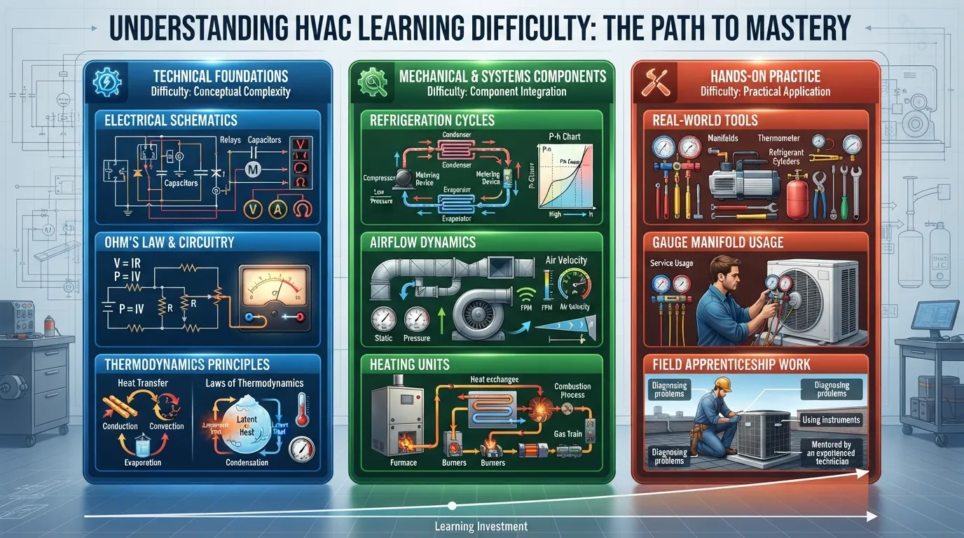Infographic breaking down the learning difficulty of HVAC training, showing a balance between technical electrical concepts, mechanical components, and hands-on apprenticeship.