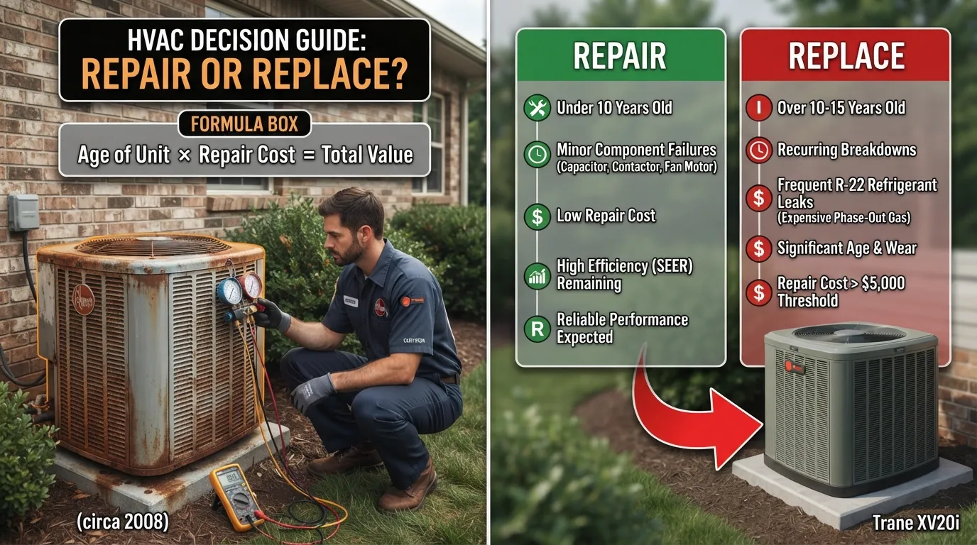 A comparison infographic or decision flowchart illustrating the $5000 rule for HVAC systems to help homeowners choose between repair or replacement.