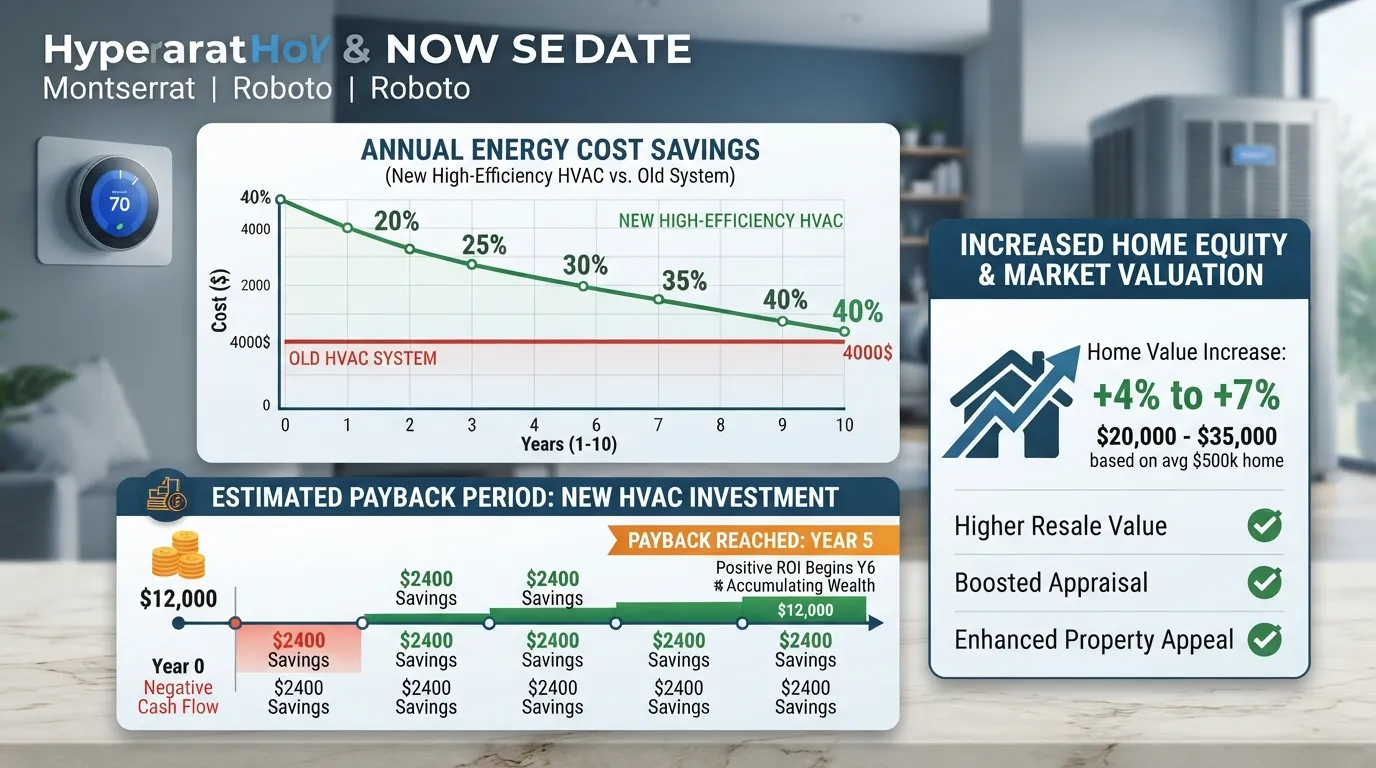 A financial savings chart and energy audit report showing percentage return on investment (ROI) and utility bill reductions beside a modern high-efficiency HVAC unit.