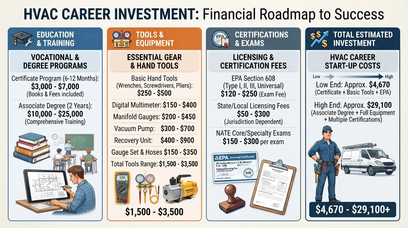 An infographic breaking down the costs to become an HVAC technician, including trade school tuition, professional tools, EPA certification exams, and licensing fees.