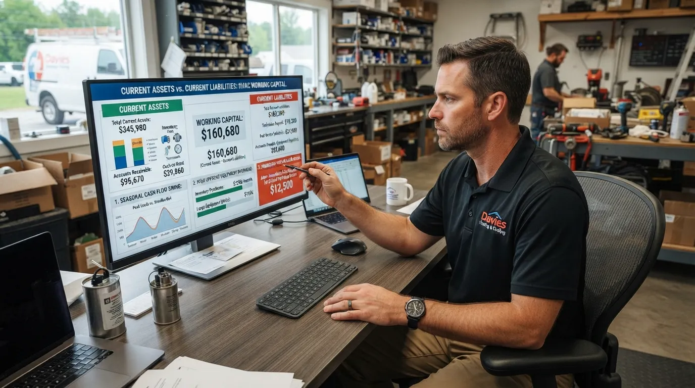 An HVAC contractor reviewing seasonal cash flow charts and financial statements next to service equipment, illustrating unique working capital management for heating and cooling businesses.