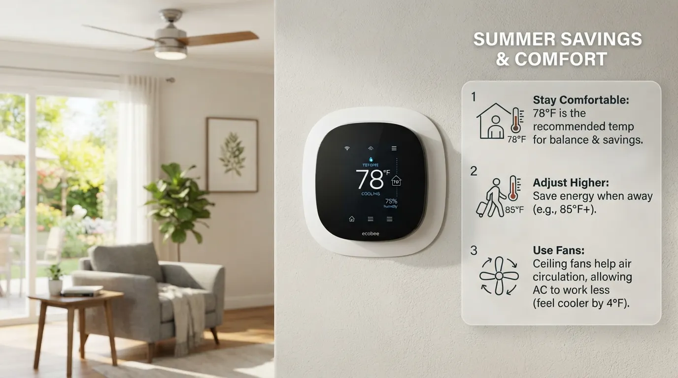A digital home thermostat displaying an energy-efficient summer temperature setting of 78 degrees Fahrenheit inside a comfortable living room.