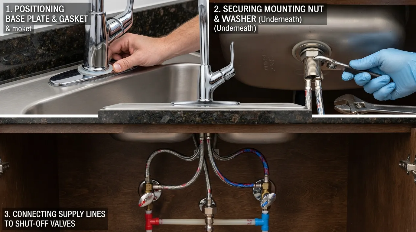 A plumber or DIY homeowner installing a new kitchen faucet on a sink, connecting water supply lines and tightening mounting nuts underneath.
